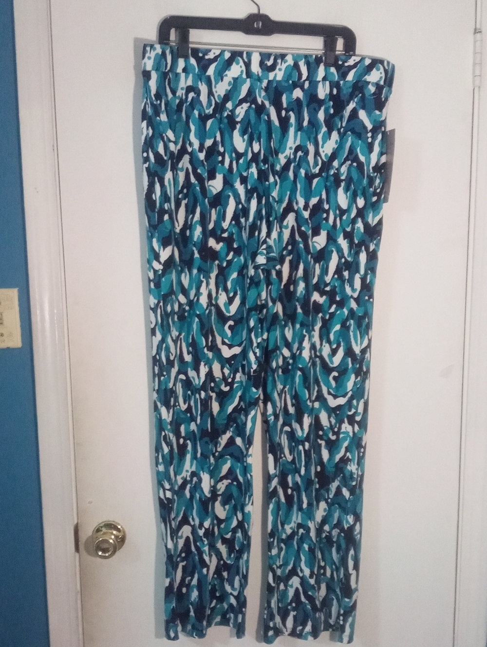 Nina Leonard Teal & Navy Abstract Print Wide-Leg Pants XLT XL Tall NWT $59